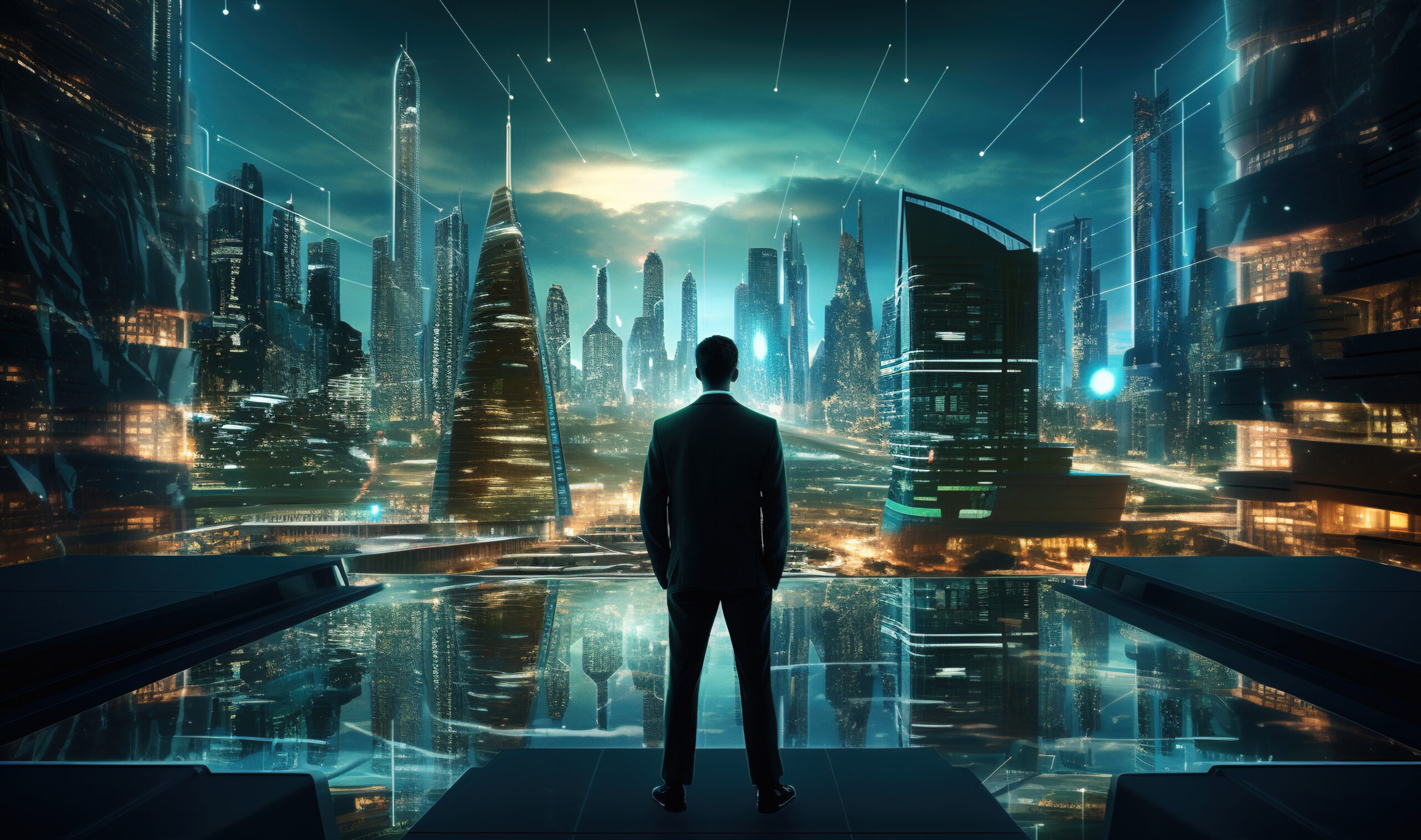 Remote Work - A business owner looking small in an AI world full of technological advancements. - Outsourcing and Offshoring