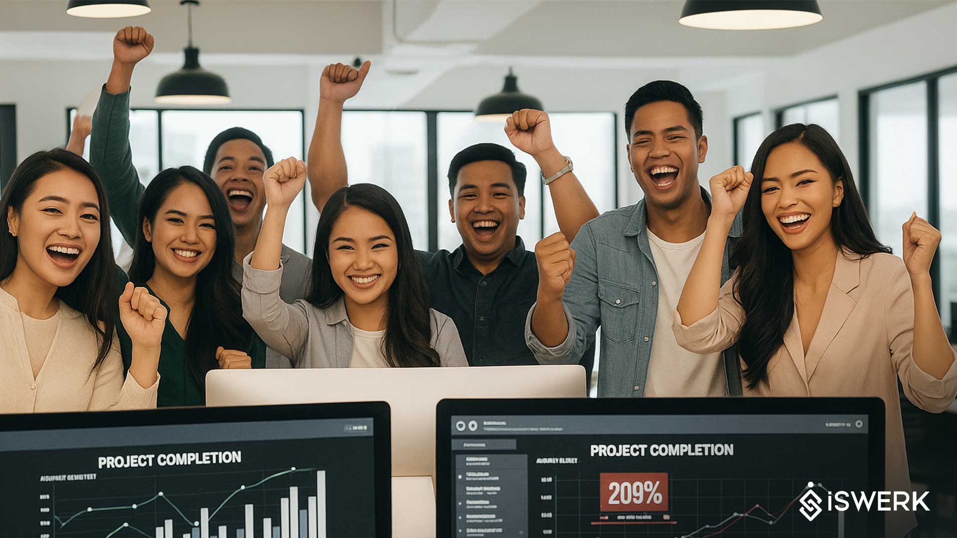Remote Staffing-A diverse group of Filipino professionals in a modern workspace.-iSwerk